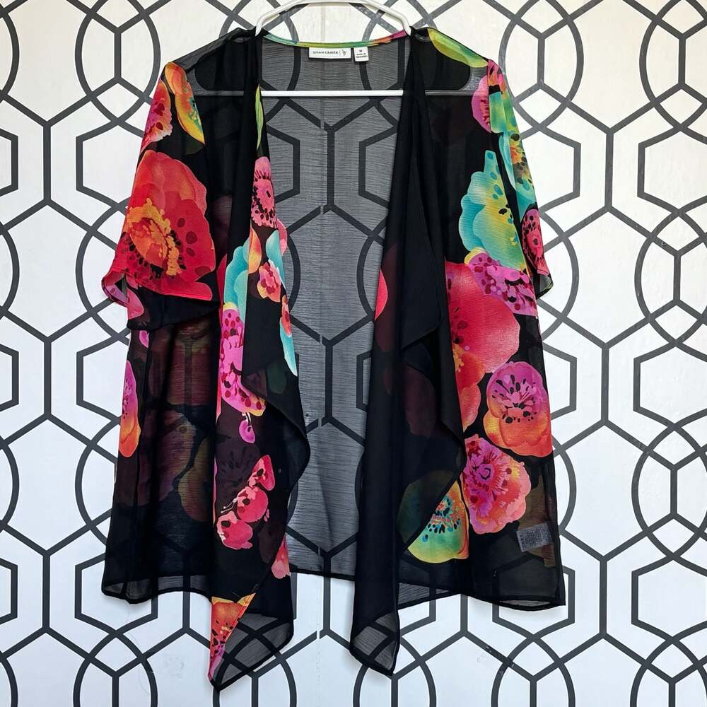 Susan Graver Women's Sheer Floral Open Front Kimono Cardigan Size M